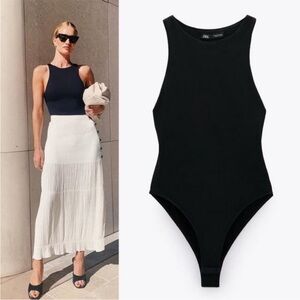Zara Halter Bodysuit Top L High Neck Snap Buttons Sleeveless Black Blogger's Fav